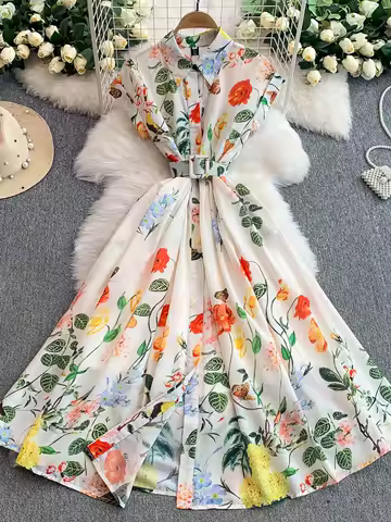 French Vintage Elegant Office Long Dress Women Summer Polo Neck Batwing Sleeve Print Floral Dress Evening Party Shirts Dresses