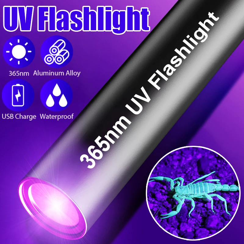 365nm LED Ultraviolet Torch UV Flashlight Rechargeable Zoomable Mini Ultra Violet Lights Pet Urine Stains Detector Hunting Tools