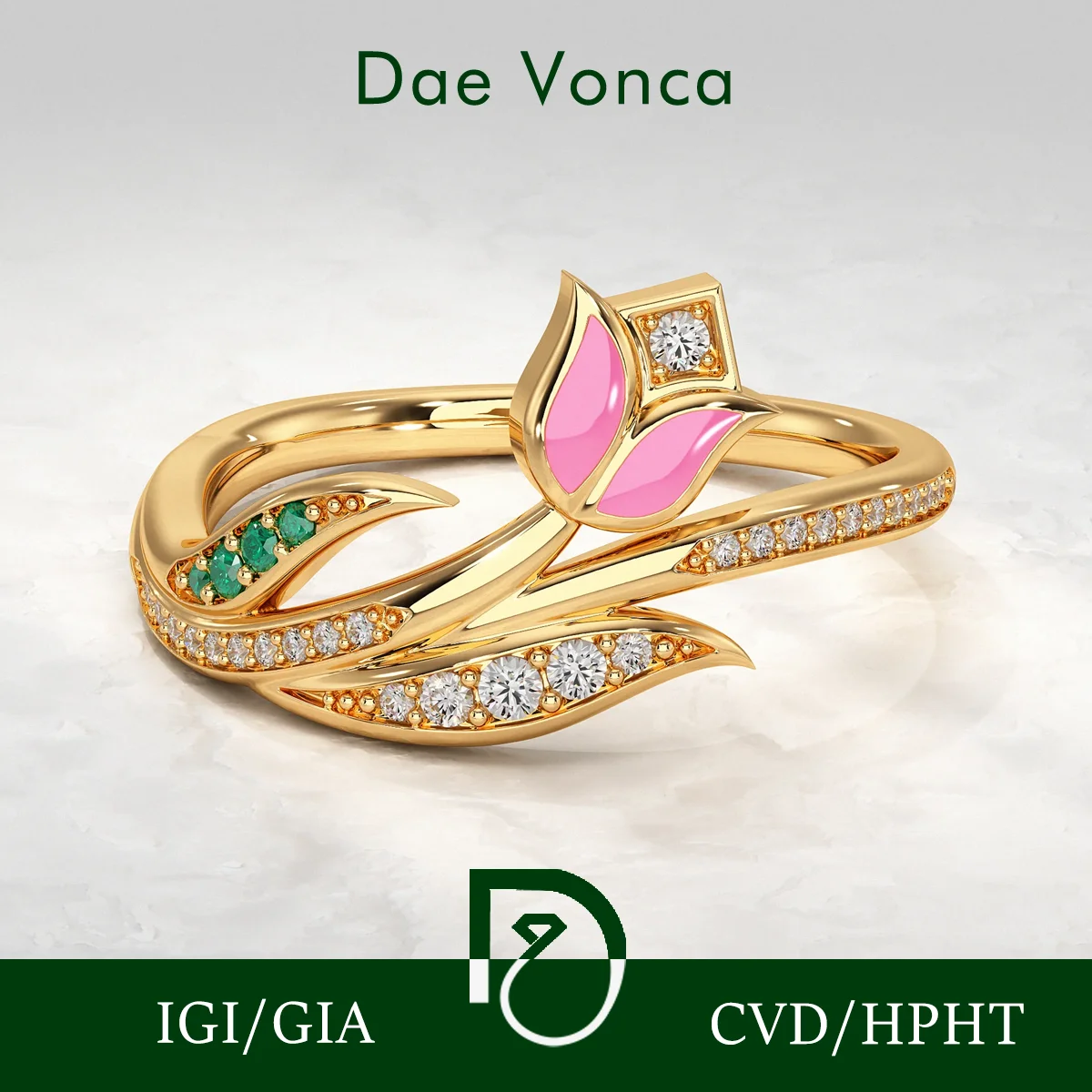 9K/14K/18K Yellow Gold Lab Created Diamond Ring with Pink Enamel Accent Floral Motif Shaped Round Lab Diamond Engagement Ring