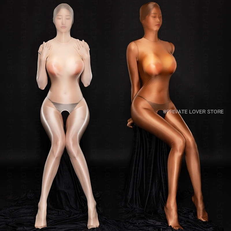 Sexy Oil Shiny Full Body Zentai Bodysuits Women See Through Open Crotch Jumpsuits Erotic Leotard Elastic Tights Cocoons Catsuits image 2