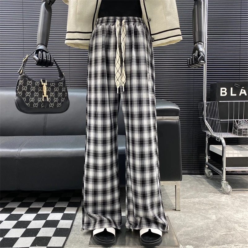 2022 New fashion Designer Famous brand Embroidered Love Print Drawstring Straight pants Casual Plaid Wide leg pants