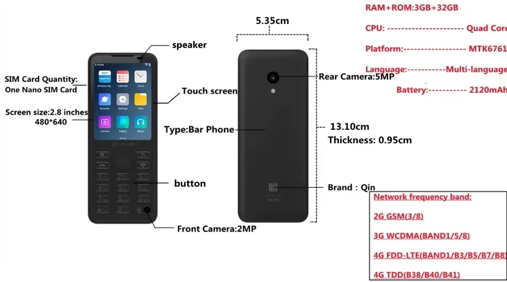 Qin F21 Pro 4G Touch Screen Smartphone Android11 3GB+32GB BT5.0 MTK6761 2120mAh Support Google Global Version Mobile Phone