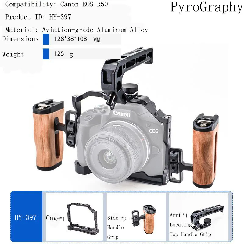 

PyroGraphy EOSR50 Cage Kit Handheld Shooting Kit with Full Cage Arri Locating Top Handle Wooden Side Handle Grip for CanonEOSR50