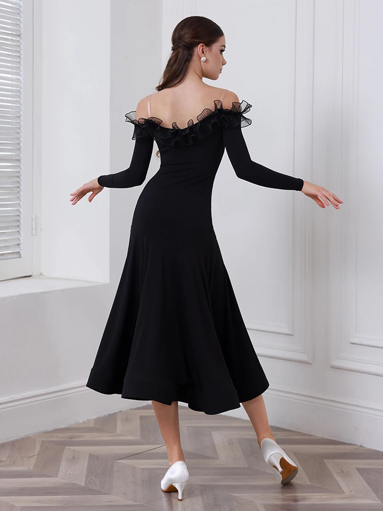 Strój do tańca standardowego 2025, walc, strój konkursowy damski, odkryte ramiona, czarna sukienka do tańca towarzyskiego, sukienki na zawody AMY2430