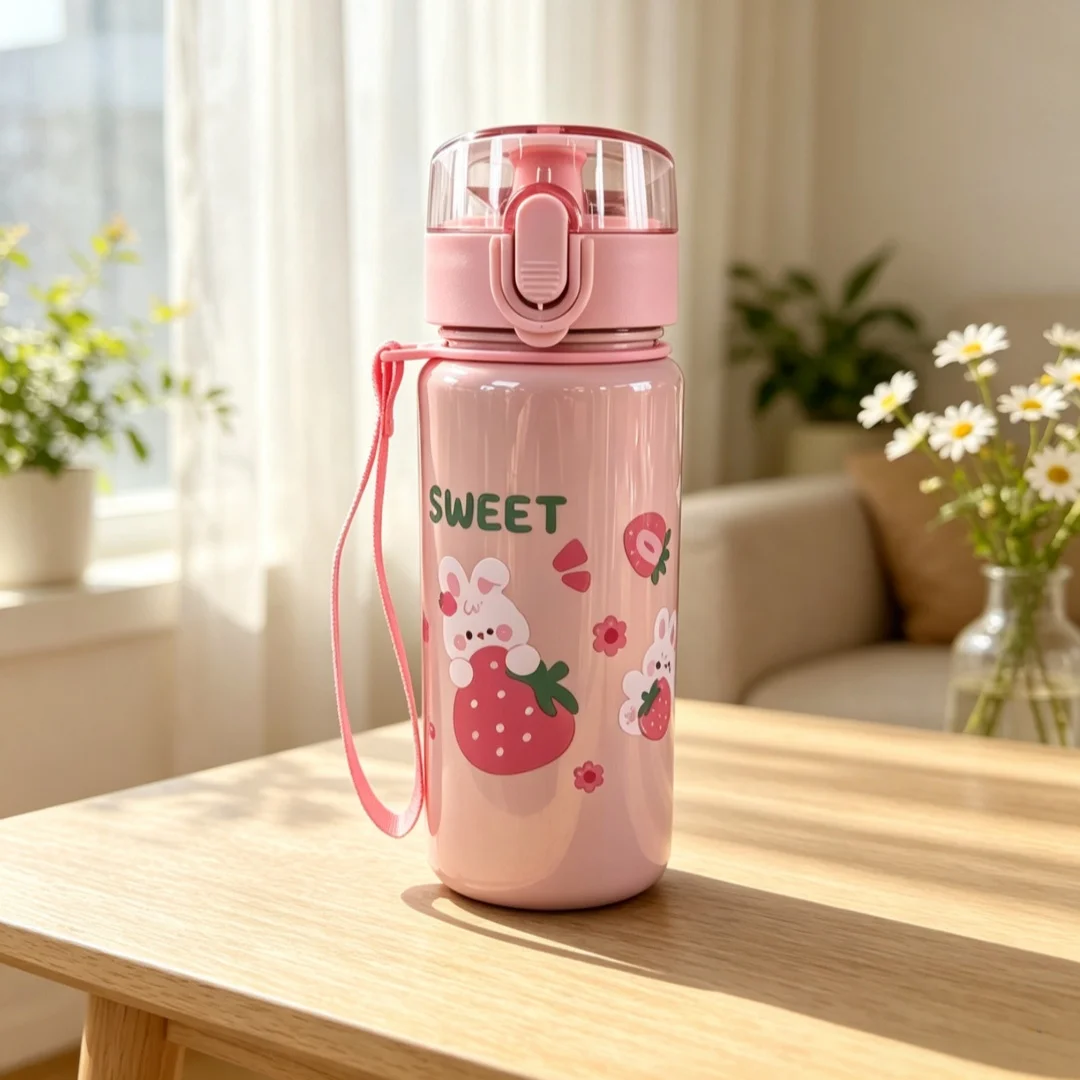 Cute Cartoon Fruit Character Print Water Bottle, Portable Flip Top Leakproof Thermos Cup with Lanyard for Kids School Outdoor