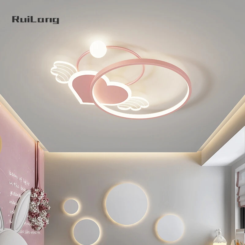 Modern Led Ceiling Light Kids Room Heart Angel Wings Ring Chandeliers For Children Room Girls Princess Bedroom Pink Ceiling Lamp