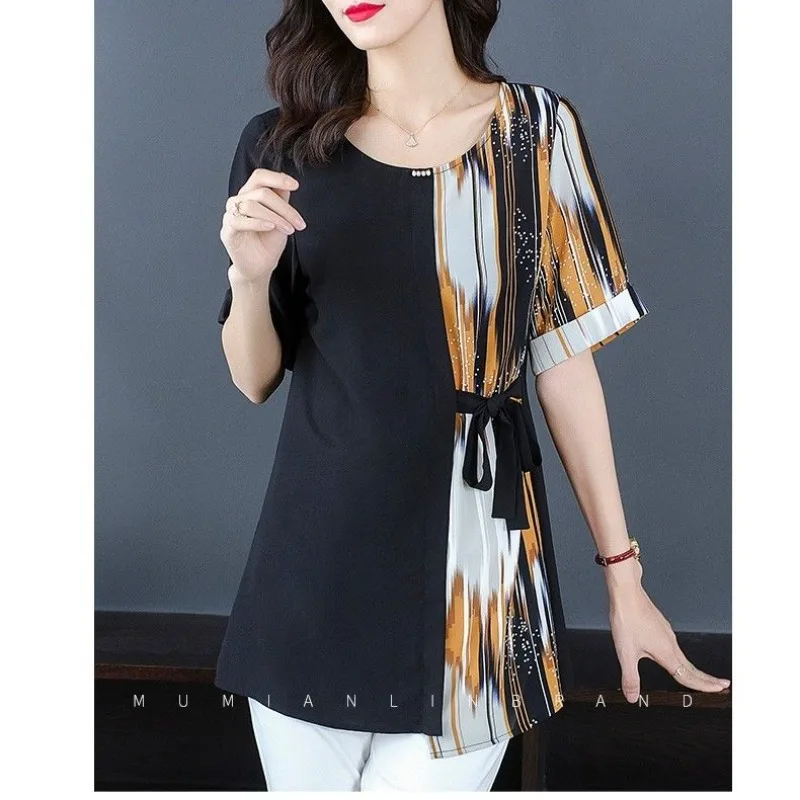 2024 New Fashion Summer Printed Spliced Drawstring Women\'s Round Neck Fashion Short Sleeve Loose Commute Midi Chiffon Shirt Tops