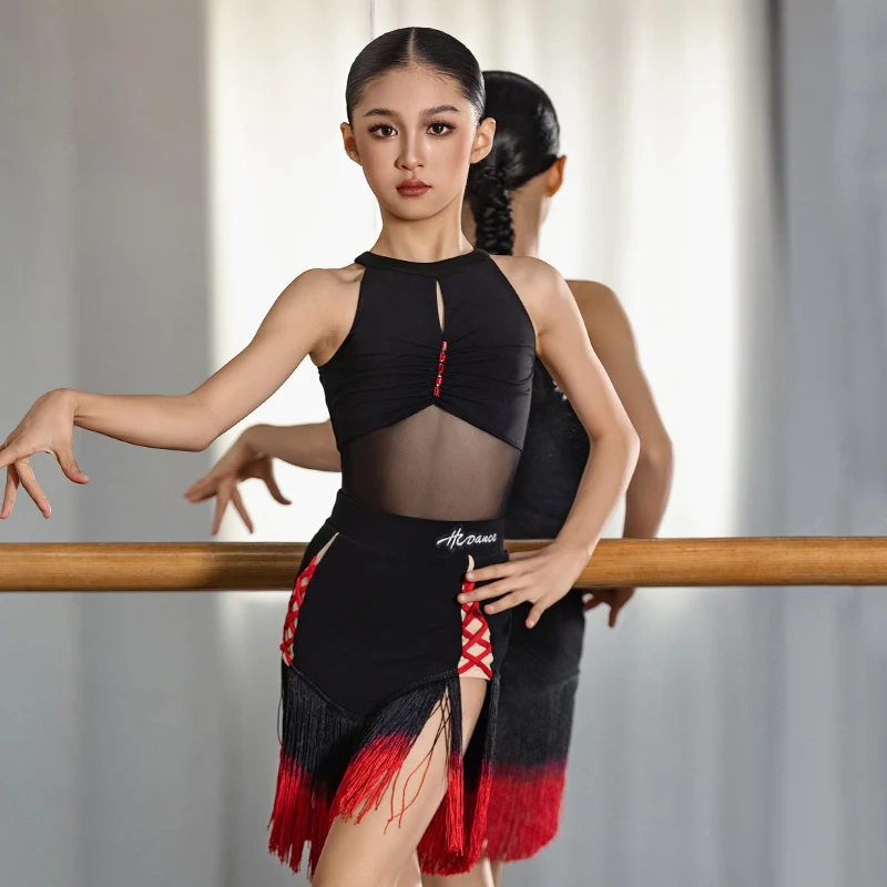 

2025 New Latin Performance Costumes For Girls Sleeveless Mesh Vest Tassel Skirts Suit Chacha Rumba Latin Dance Clothing DQS19619