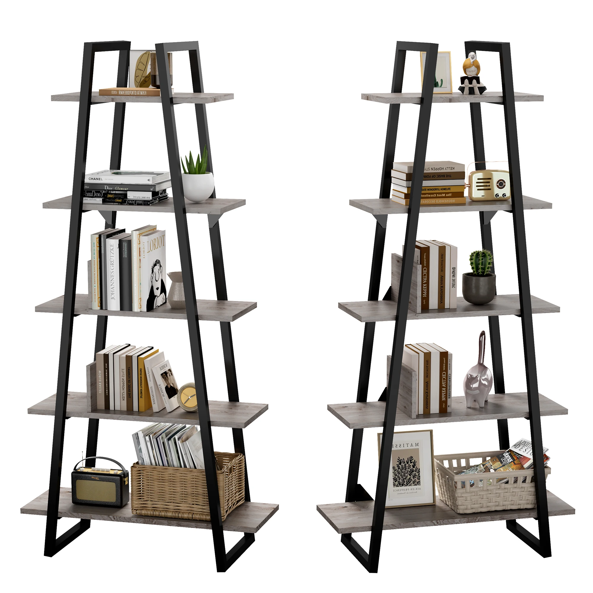 Bookshelf 5 Tier Industrial Wood, Tall Open Rustic Etagere Bookcase Ladder,Standing Display Shelves for Home Living Room Bedroom