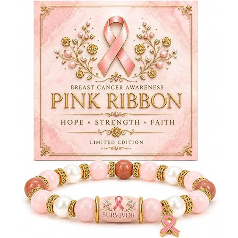 Breast Cancer Awareness Luxury Charm Bracelet for Women Pink Ribbon Handmade Beaded Encouragement Jewelry Gift with Message Card