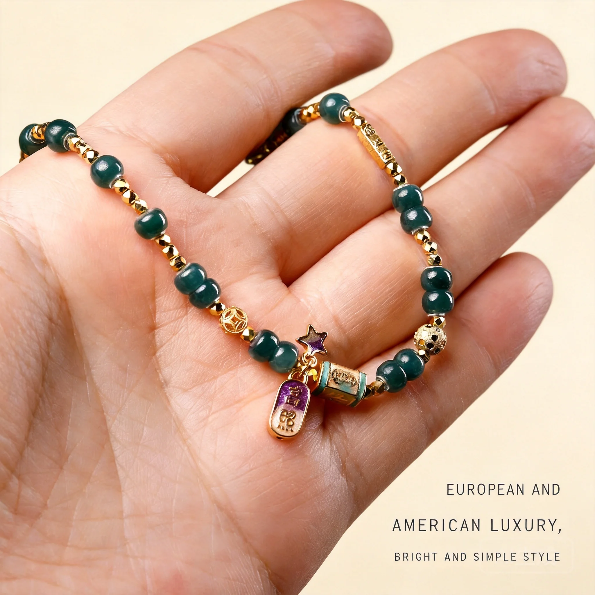 Chinese Style Natural Jadeite Flat Beads Bracelet 925 Silver Gold Plated Lucky Blessing Fortune Attracting Handmade Oriental Jew