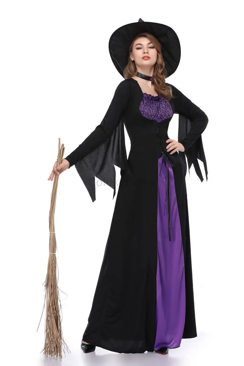 Scary Halloween Costumes Woman Gothic Witch Cosplay Costumes Vampire Carnival Party Purple Deluxe Long Robe Set with Hat