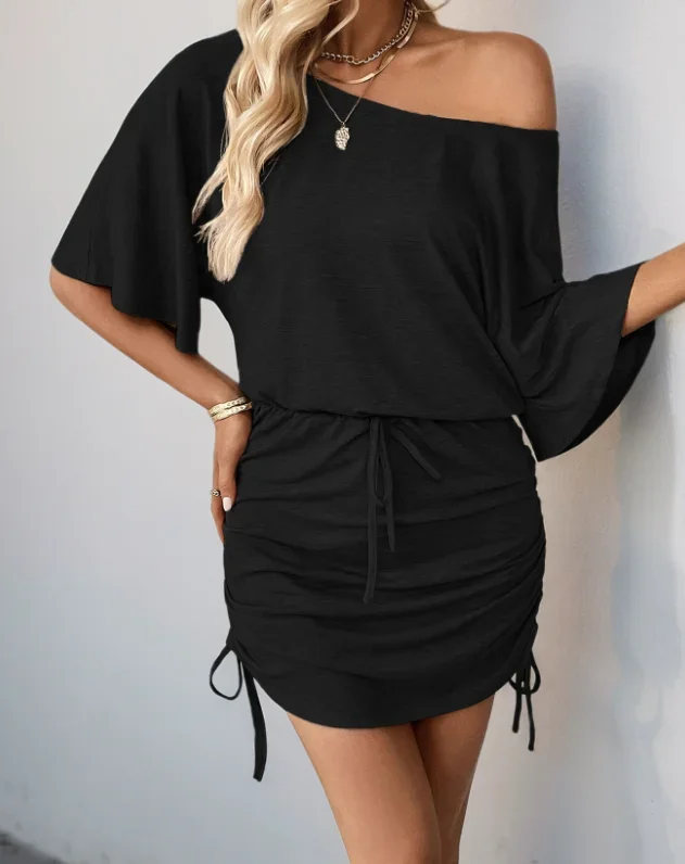 ชุดเดรสฤดูร้อนเซ็กซี่ผู้หญิงมินิมอลลิสต์อเนกประสงค์แขนค้างคาวจีบเอวสูงเชือกรูดชุดเดรสสีทึบ