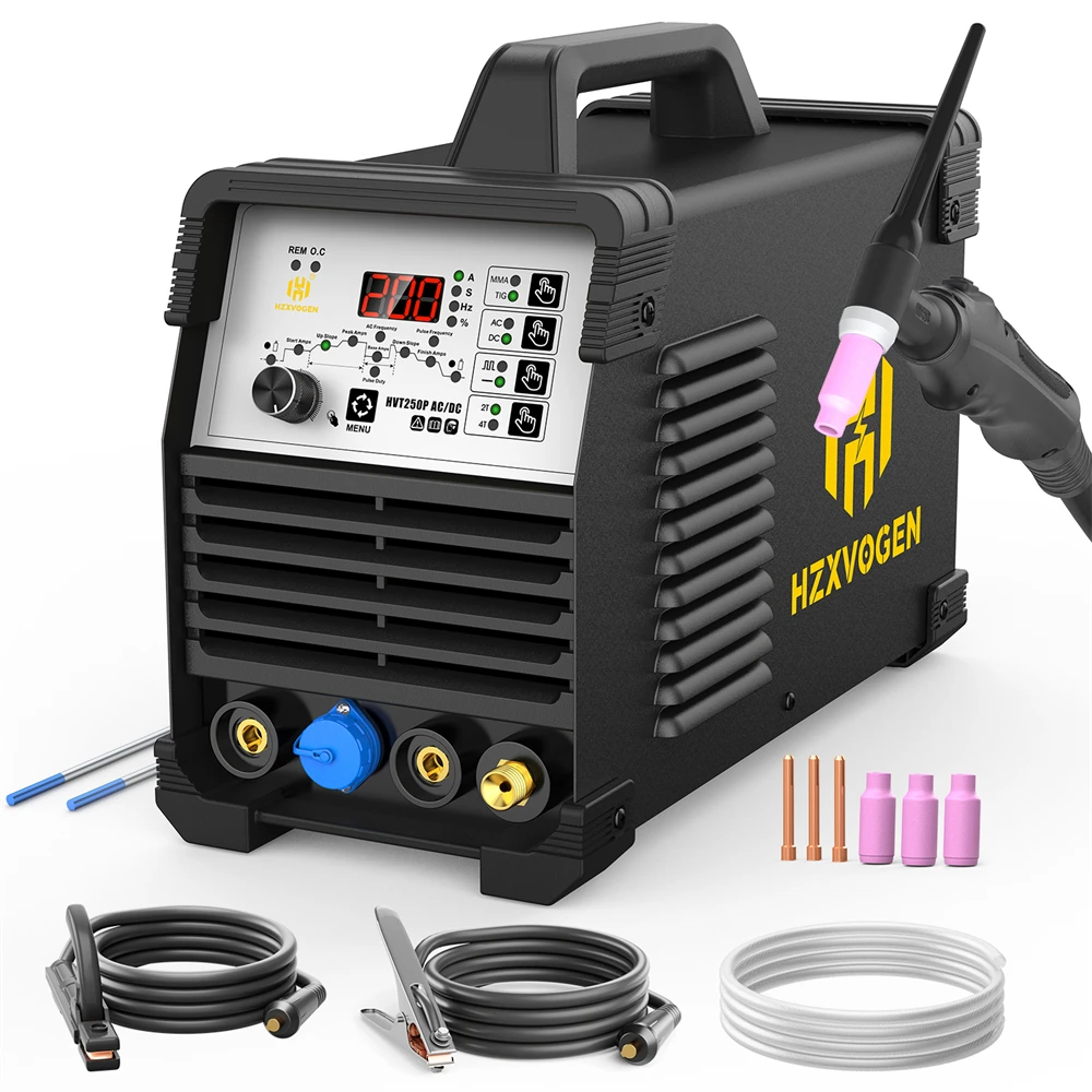 HZXVOGEN 200A HVT250P AC/DC Aluminium-Schweißgerät 220V 6-in-1 HF TIG MMA ARC Argon Präzises digitales 2T/4T IGBT-Inverter-Puls-TIG-Schweißgerät für Edelstahl, Kupfer und Titan
