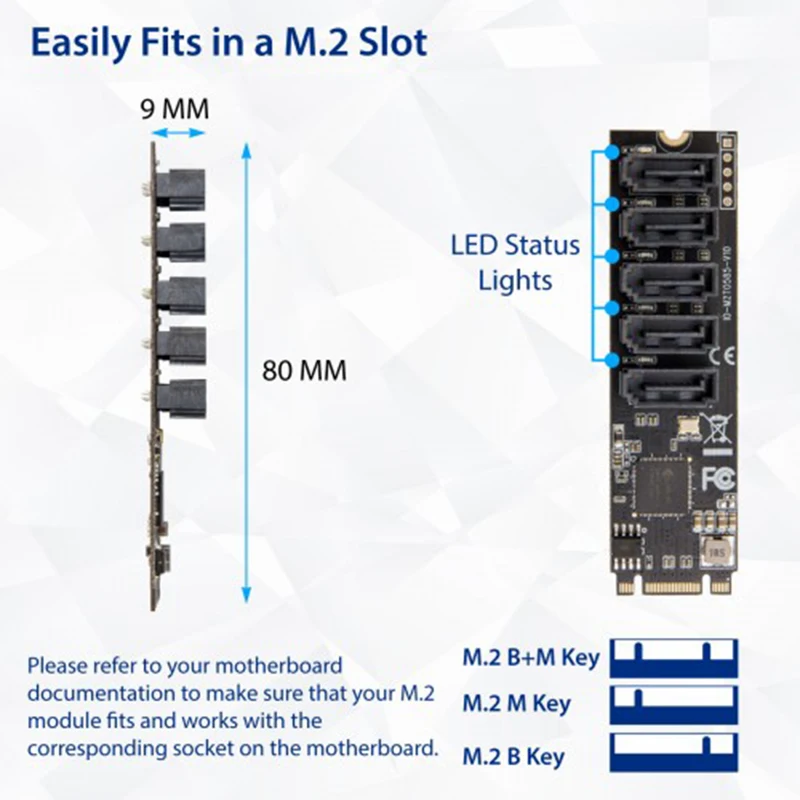 Adaptateur SSD M.2 vers 5 Ports SATA III 6G avec câble SATAIII, prise en charge UEFI PCIe 3.0 Gen3x2, puce Jmb 585 non RAID pour clé B, clé M