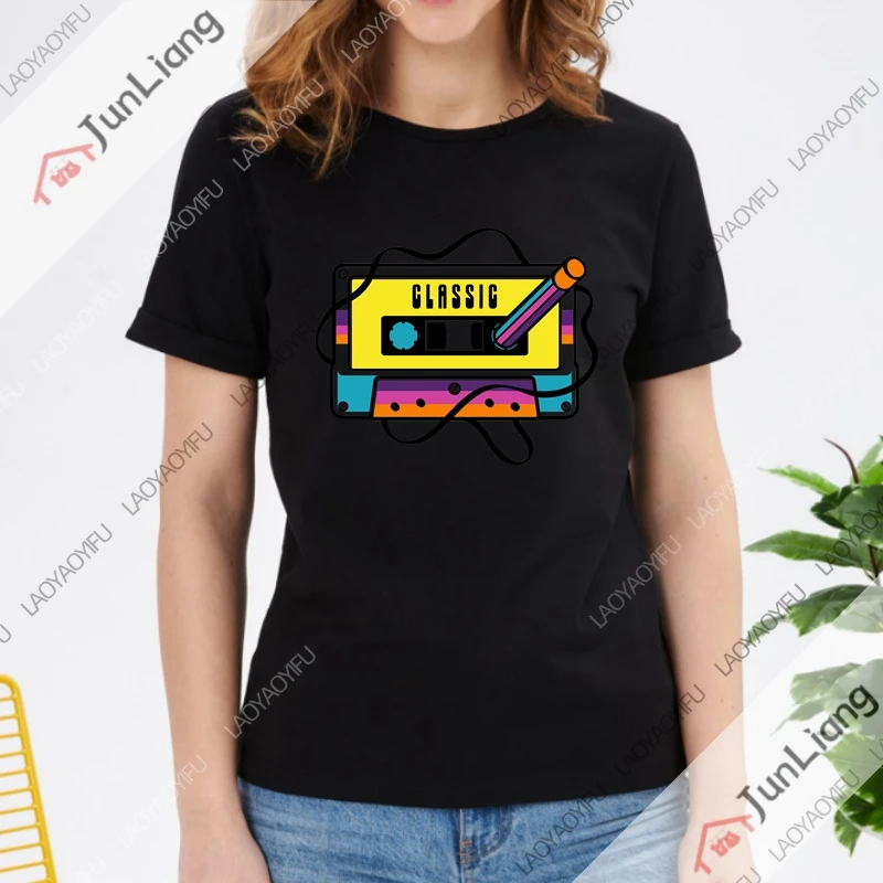 80s Cassette Tape Pencil Men's Clothing Throwback Music Manga Graphic T Shirts Short Sleeve Tee Y2k Streetwear Women's T-shirt