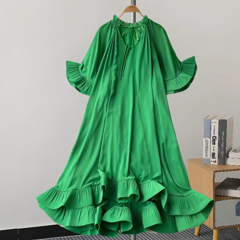 GVUW A Line Dress Women V Neck Flare Sleeve Loose Solid Color Lace-up A Line Fashion New 2024 Medium Long Dresses 17G7813