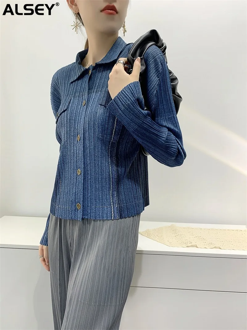 ALSEY Miyake Distressed Fake Denim Single Breasted Fashion Cardigan Jacket Stylish Slim Fit Pants + Office Lady Halter SkirtNEW