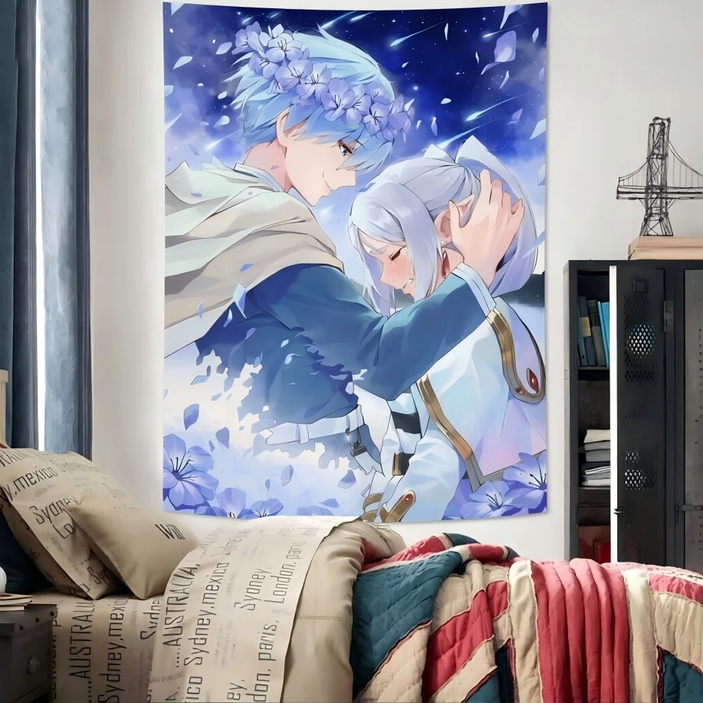 1pc F-Frieren & Himmel Couple Tapestry Starry Sky Purple Flower Print Wall Hanging Romantic Anime Decor Bedroom Dorm Otaku Fans