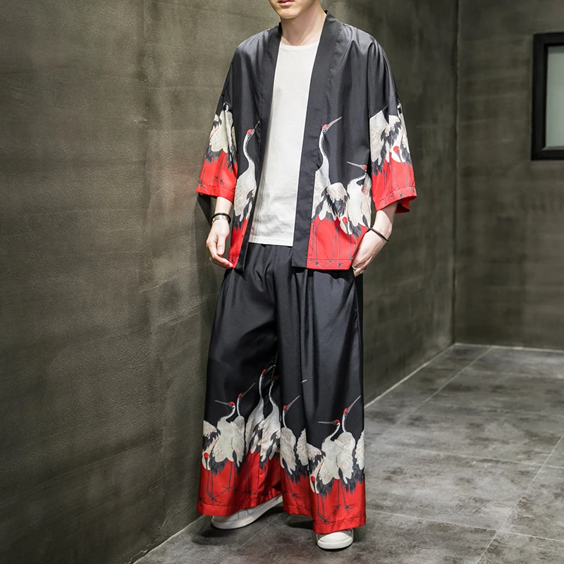 Kimono Cardigan Suit Men Japanese Summer Trousers Set Yukata Men\'s Haori Obi Japanese Wave Print Coat Traditional Japan Clothing