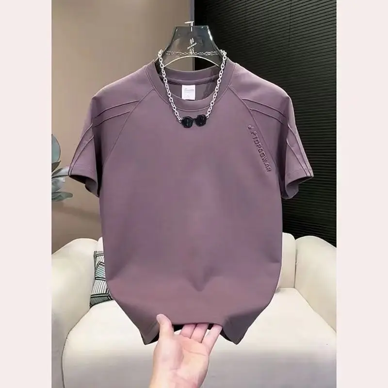 2025 summer new men's trend round neck short-sleeved T-shirt splicing versatile top