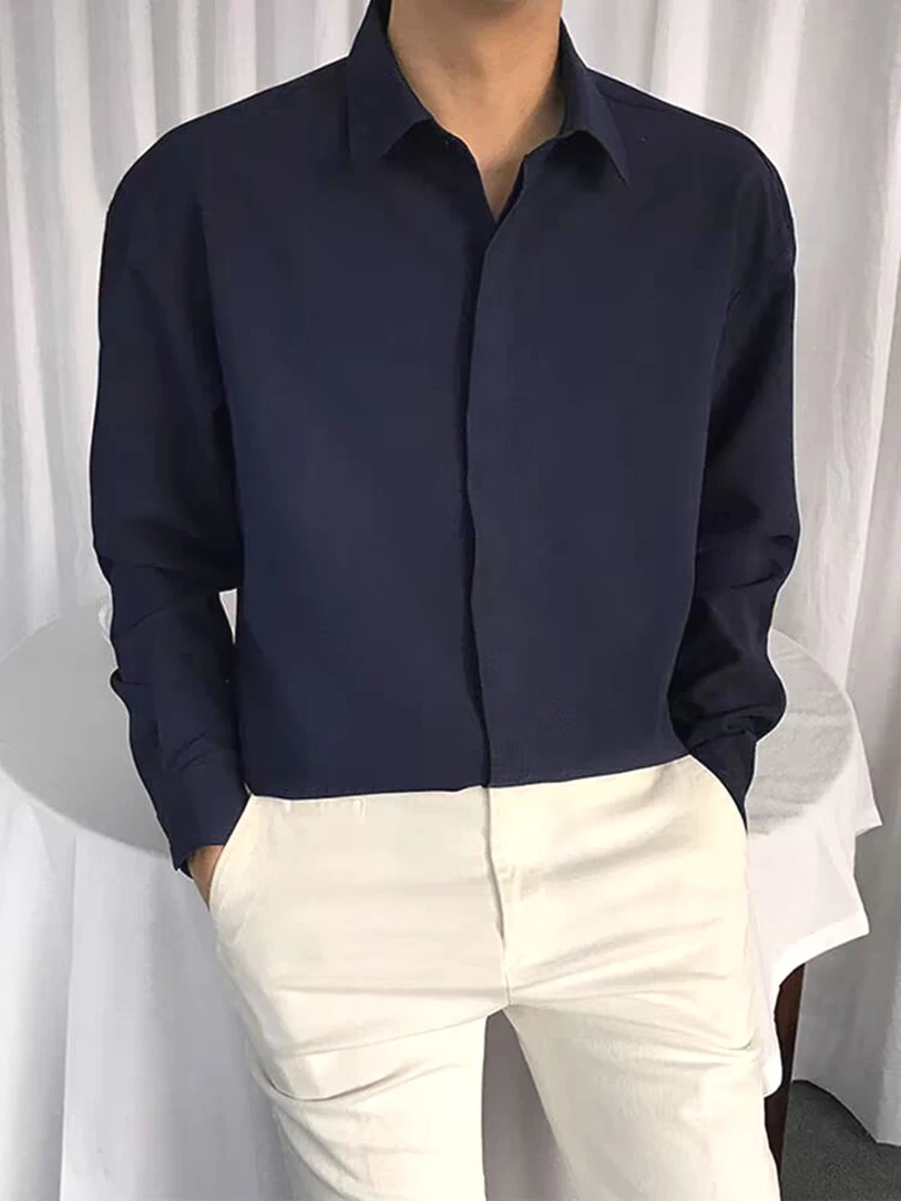 

Italian Neapolitan Mens Long Sleeve Shirt Loose Fit Cool Thin Non-Iron Anti-Wrinkle Ice Silk Chiffon Button down Fashionable