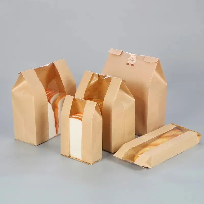 Waterproof Disposable Kraft Paper Bags Portable Food Packaging Pouch for Biscuit Candy Cookie Bread Toast Baking Takeaway