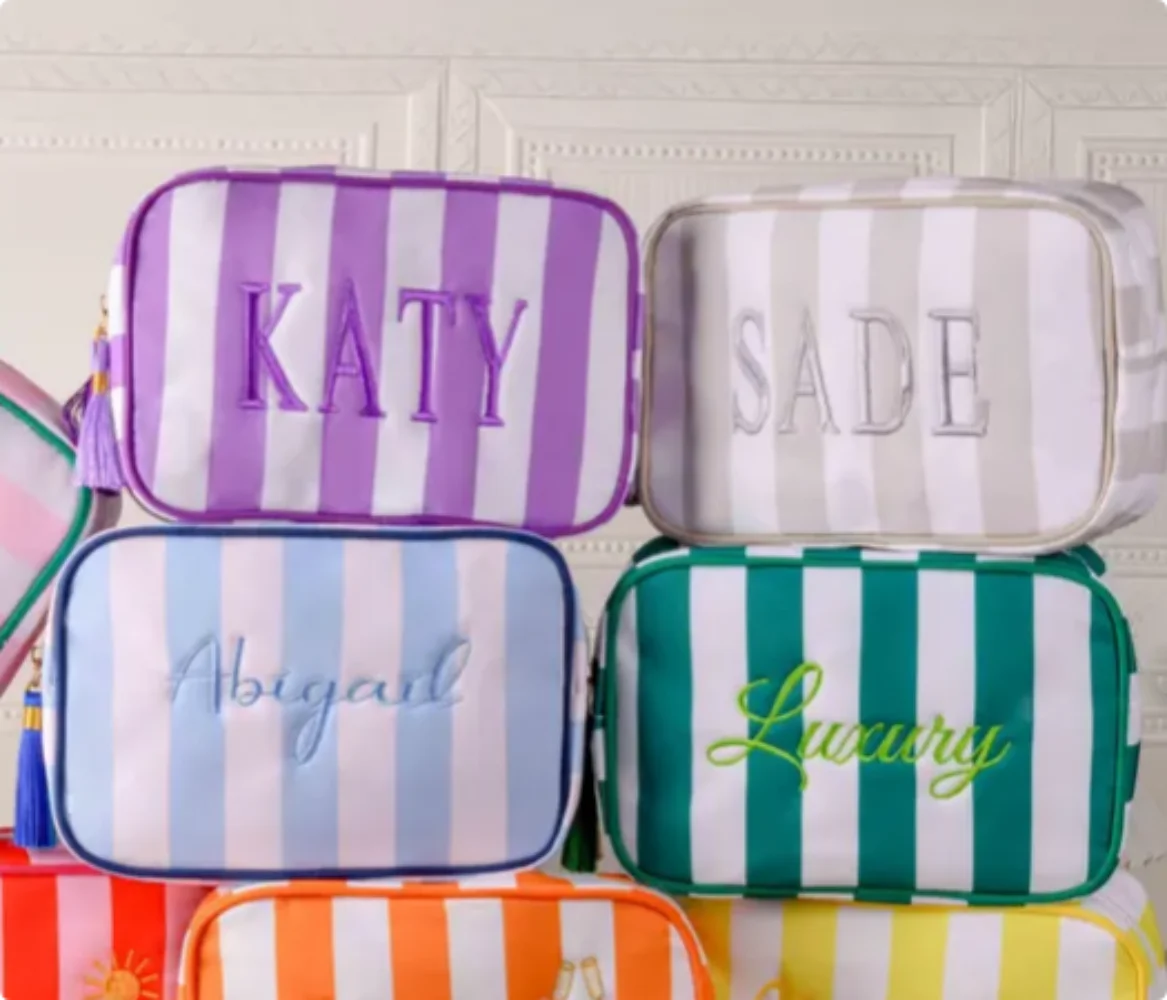 Personalized Embroidered Name Makeup Bag, Monogramed Toiletries Bag, Ladies Travel Storage Bag, Striped Tassel Toiletry Bag