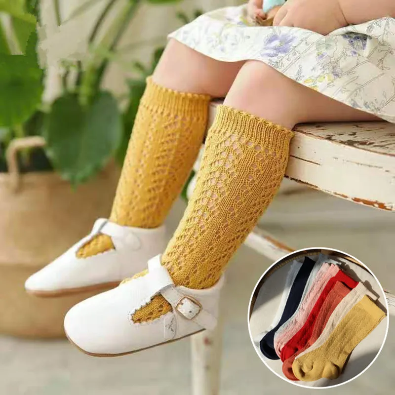 0-7Years For Baby Girls Socks Summer Kids Knee High Long Sock Children Hollow Out Cotton Mesh Socks Infant Thin Soft Solid Socks