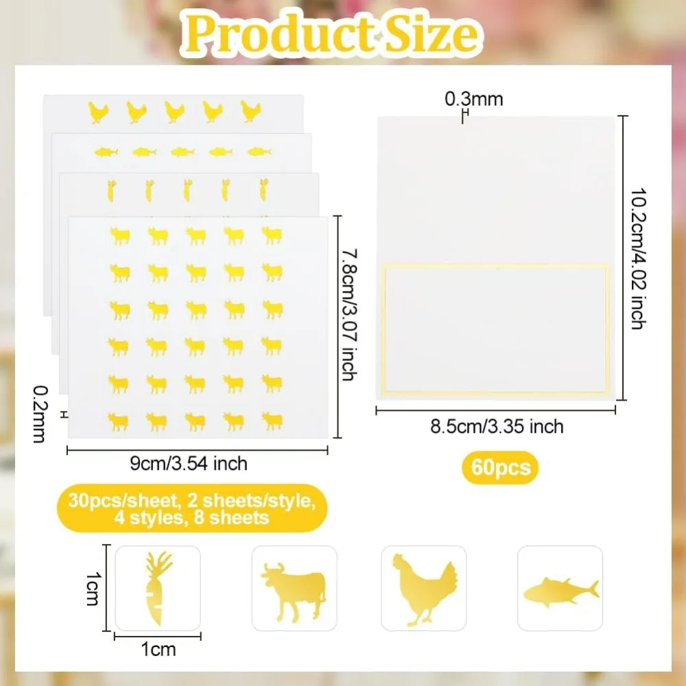 240pcs 4 Style Gold Meal Sticker 0.4Inch with 60pcs Table Place Cards Food Choice Sticker Set Cow/Chicken/Fish/Carrot making kit