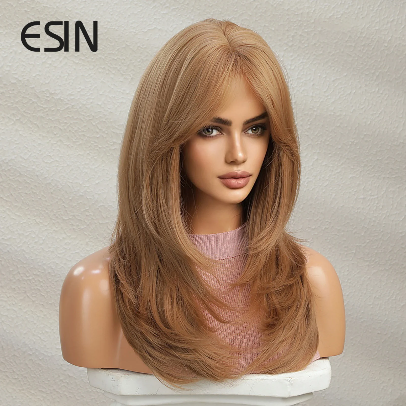 ESIN Elegant Synthetic Wig Medium Light Brown Color Wigs with two sides bangs for Women Ombre Layered Hair with Dark Roots