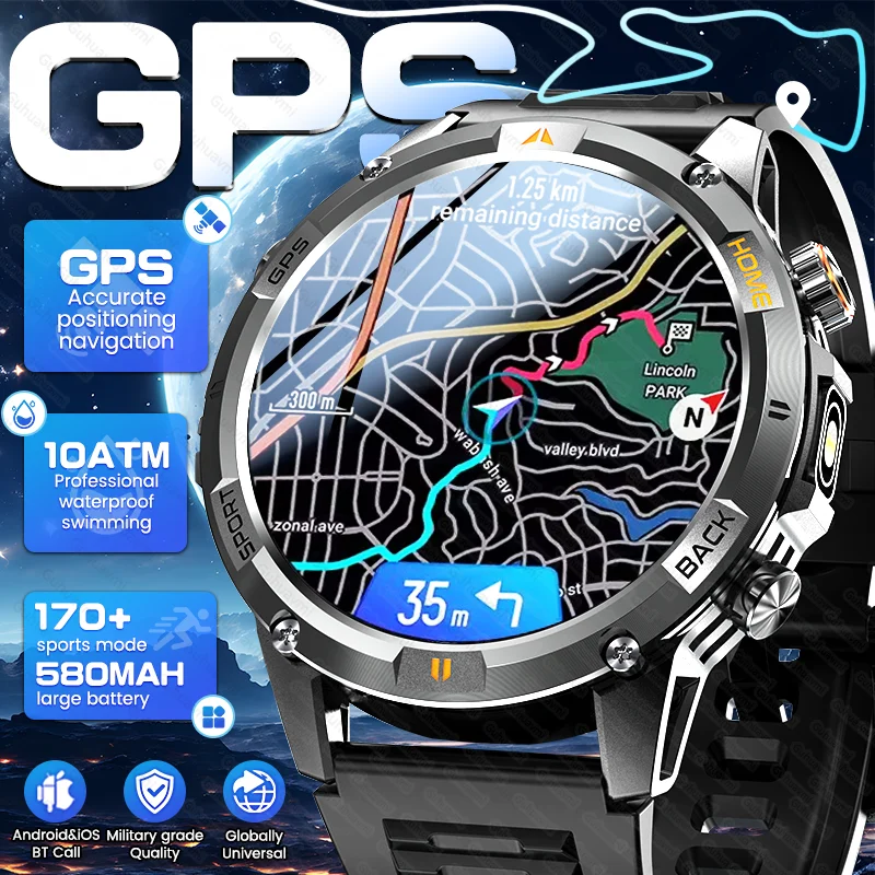 

New Outdoor Built in Precise GPS GNSS Smart Watch 580mAh Battery Bluetooth Call 10ATM Waterproof Men Sports Fitness Smartwatches