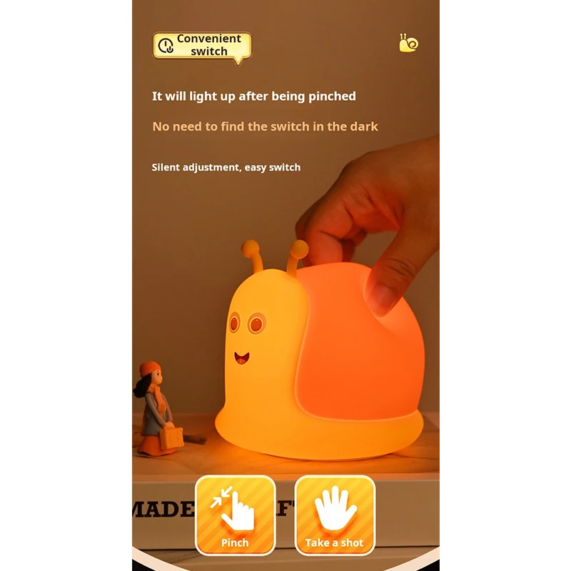 snail night light usb-c rechargeable touch control dimmable warm light timer 8-10h use kid bedroom decor gift portable 4h charge