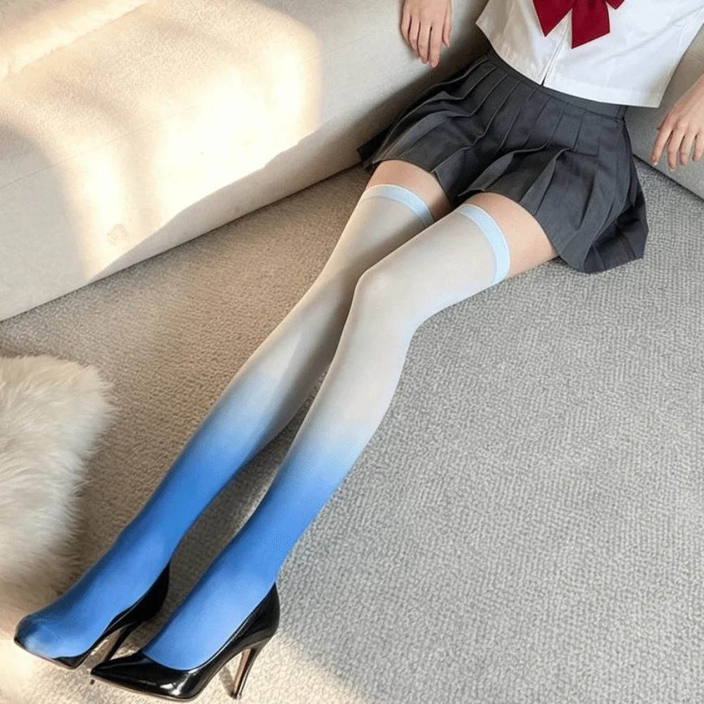 Polyester Fiber Gradient Thigh Socks Gradient Color Japanese Style JK Over Knee Hosiery Over Knee Length Stretchy Soft Fabric
