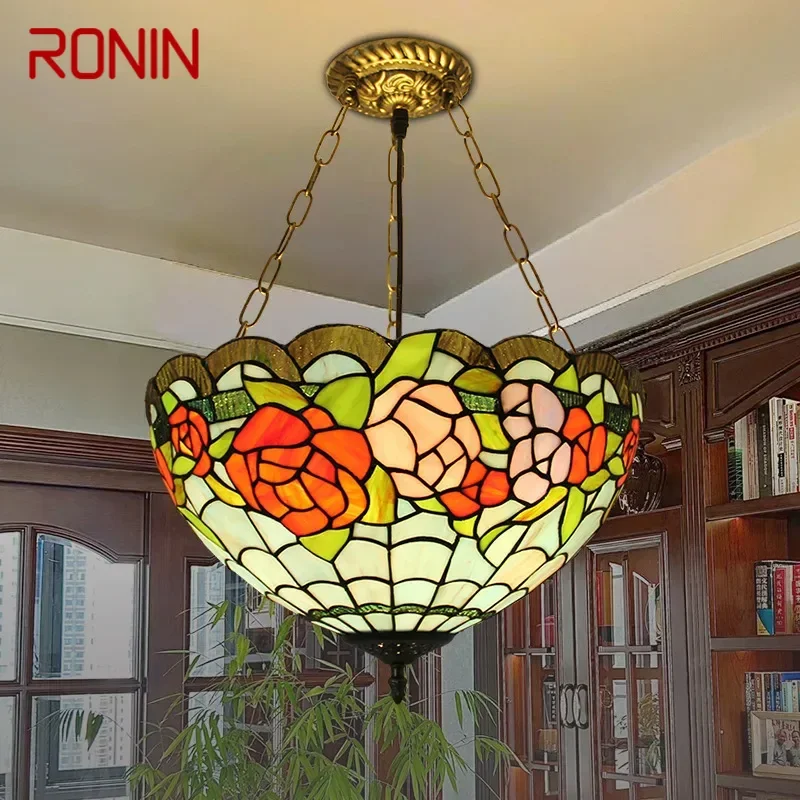 

RONIN Tiffany Pendant Lamp LED Retro Creativity Living Room restaurant Bedroom Villa Hotel Corridor Color Glass Chandelier
