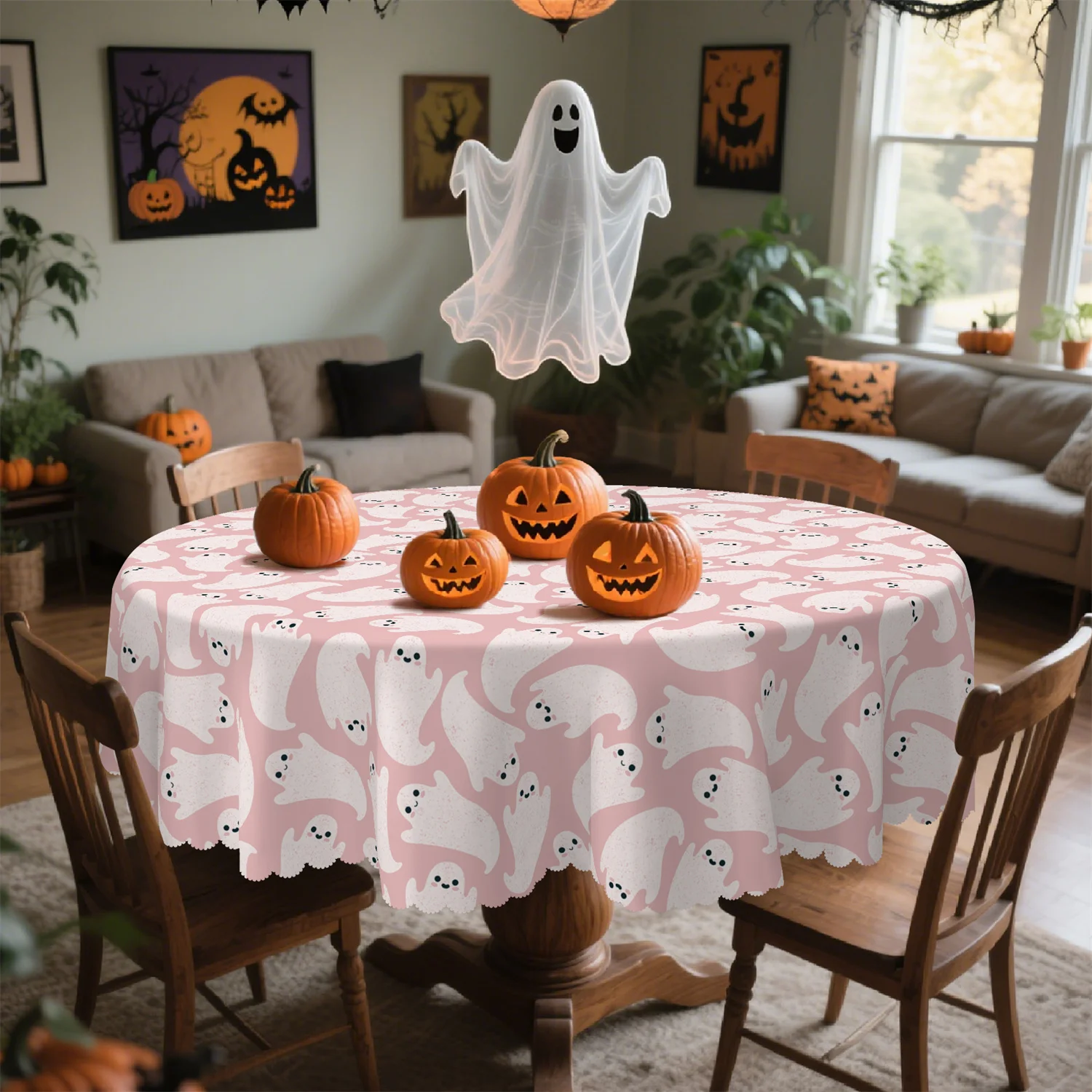 White adorable ghost with pink background - Halloween tablecloth, 1 pack