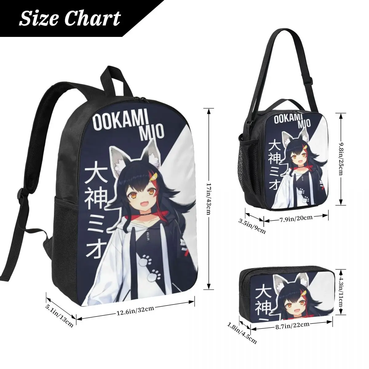 3Pcs Mio Ookami Hololive Backpack Set for Children Pencil Boxes Bookbag Sets with Lunch Box For School Students Knapsack