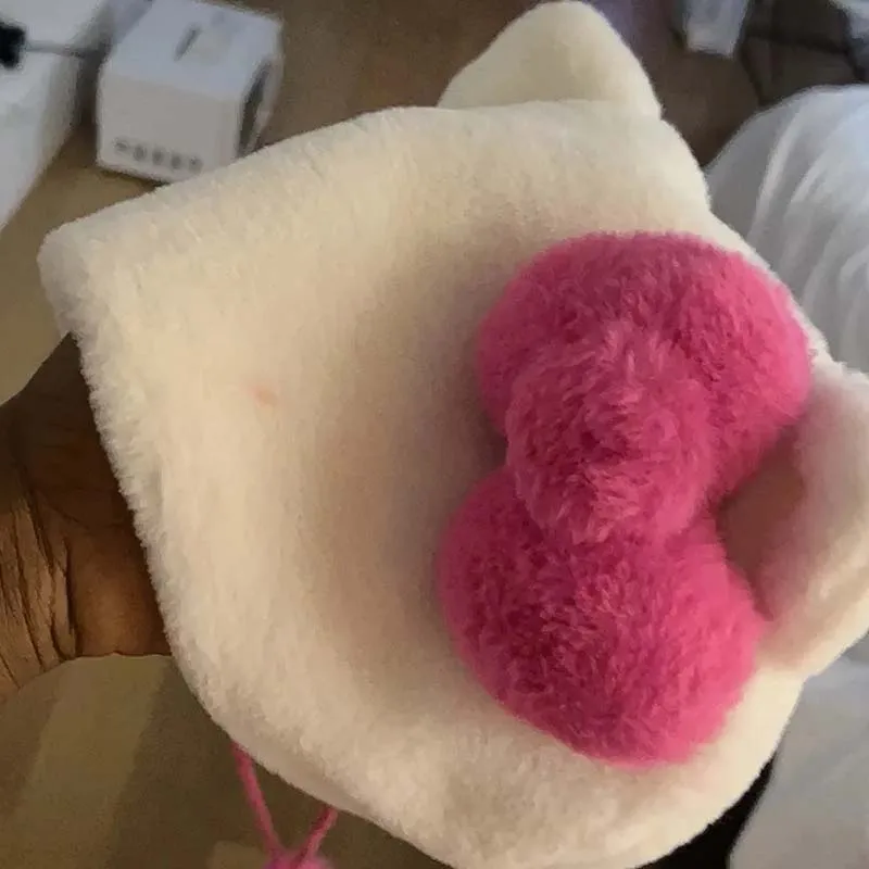 لطيف مرحبا كيتي أفخم قبعة Kawaii الأحمر القوس فروي قبعة الخريف الشتاء الفتيات موضة قبعات دافئة في الهواء الطلق حماية الأذن للنساء هدية