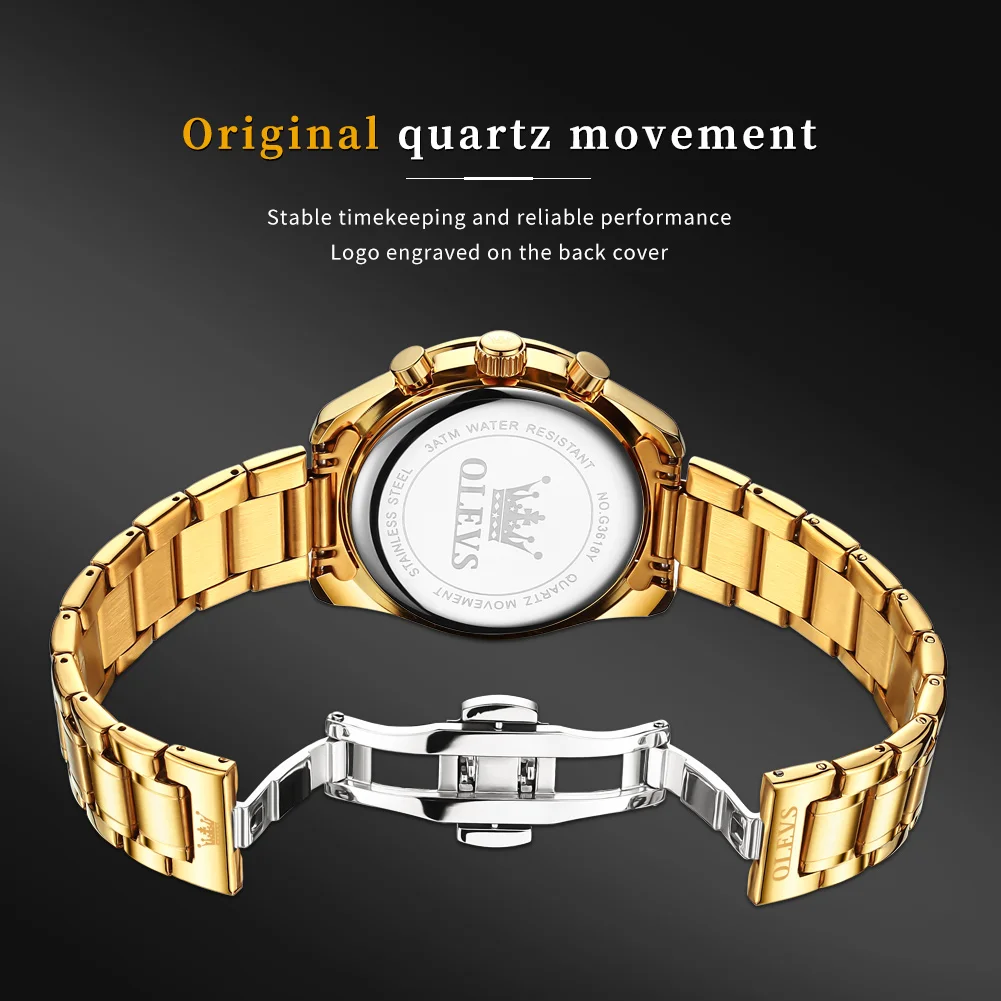 OLEVS Watch for Men Luxury Moon Phases Gold Watch Waterproof Luminous Stainless Steel Business Men\'s Quartz Watch Mens Watch