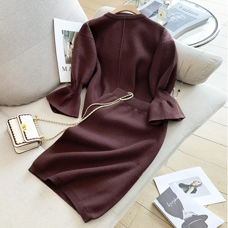 Autumn Winter Knitted Chic Suit Long Sleeve Sweater Pullover Top And A Line Skirt Two Piece Sets For Women Elegant Work Clothing