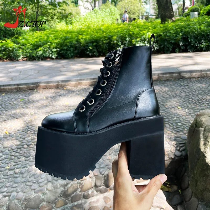 Stivali con plateau da donna stivaletti con tacco alto e grosso stivaletti da moto con lacci stile Punk nero scarpe da donna autunno inverno taglia