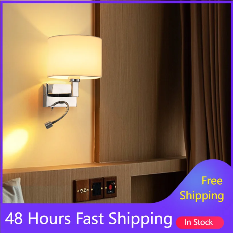 Modern Fabric Wall Lamps Bedroom Bedside Hotel Sconce Light Fixtures Reading Night Light Spotlight Adjustable Decoration Chrome