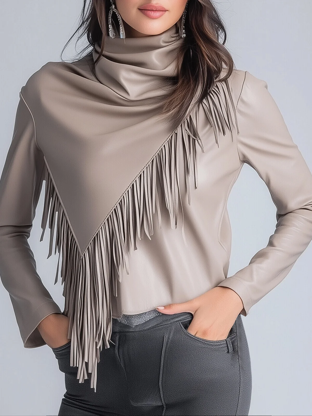 Women's PU Leather T Shirt Blouse Cowl Neck Long Sleeve Irregular Fringe Blouse Spring Solid Tee Shirt Top Versatile Streetwear