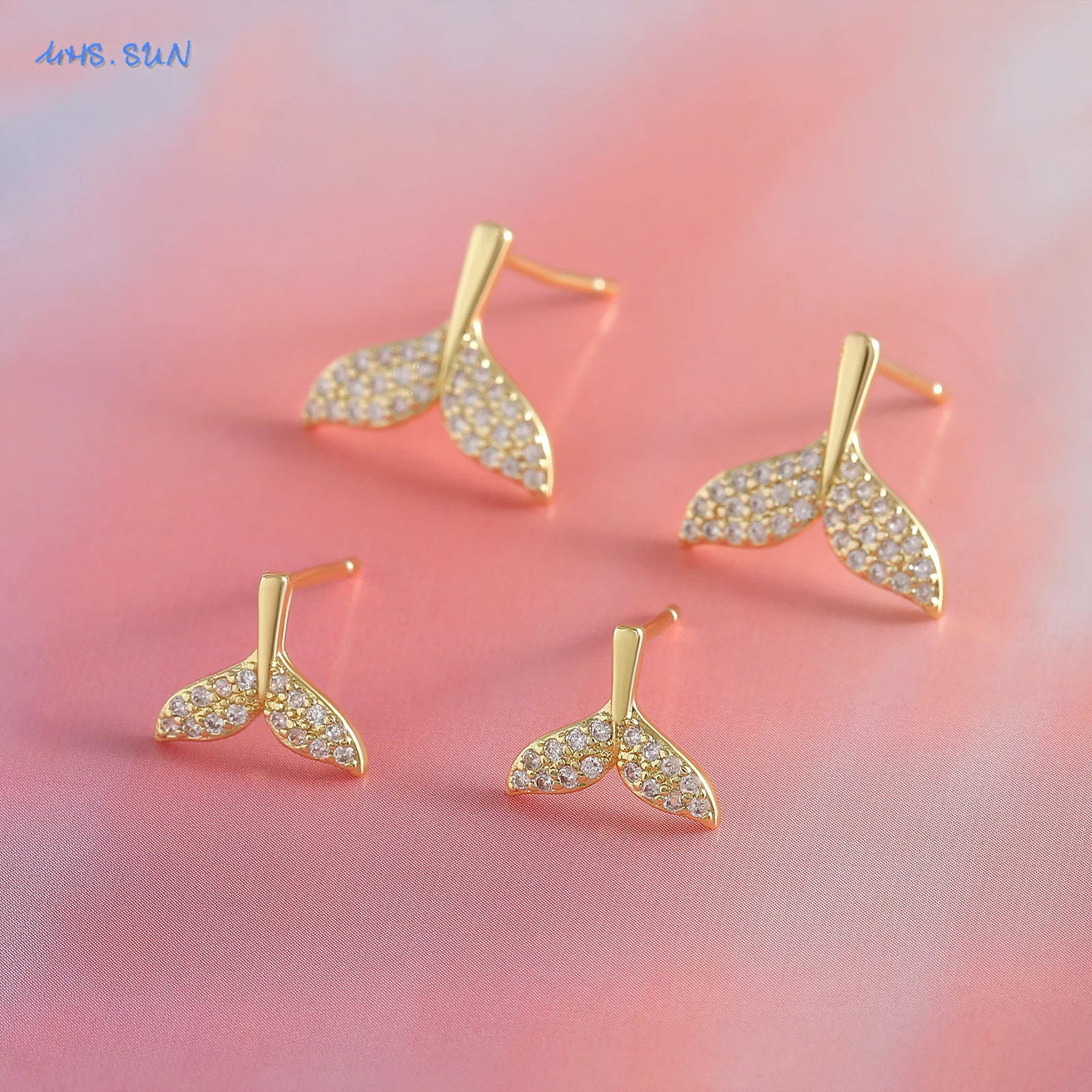 MHS.SUN New Shiny Zircon Fishtail Stud Earrings Gold Color Tiny Whale Mermaid Tail Earrings For Women Wedding Jewelry Party Gift