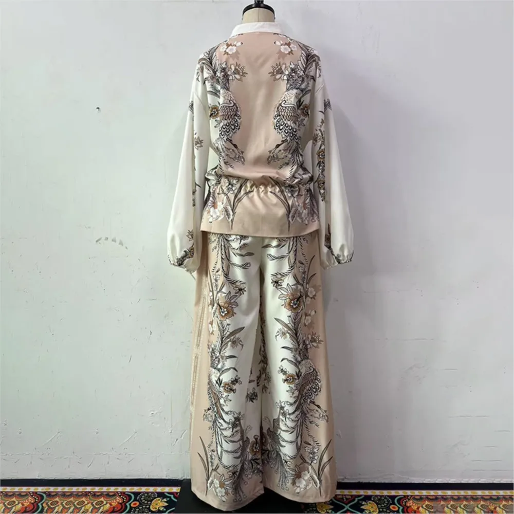 Pantaloni lunghi da donna con cerniera e colletto rialzato con stampa Set da 2 pezzi Giacca da baseball Set di pantaloni lunghi a gamba larga con lacci e vita alla moda