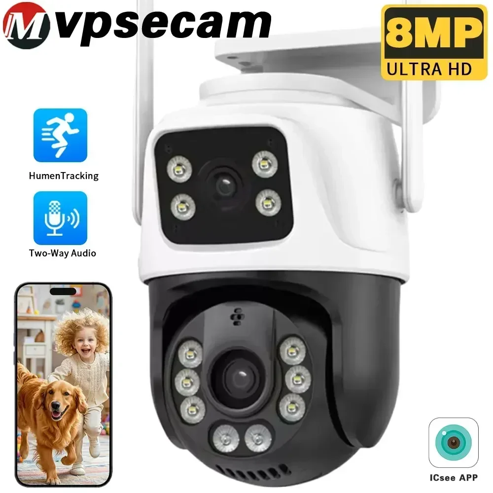Icsee Dual Lens 8MP WiFi Security Camera Outdoor Smart Home PTZ Color Night Vision Wireless CCTV Video Surveillance Camera 4k