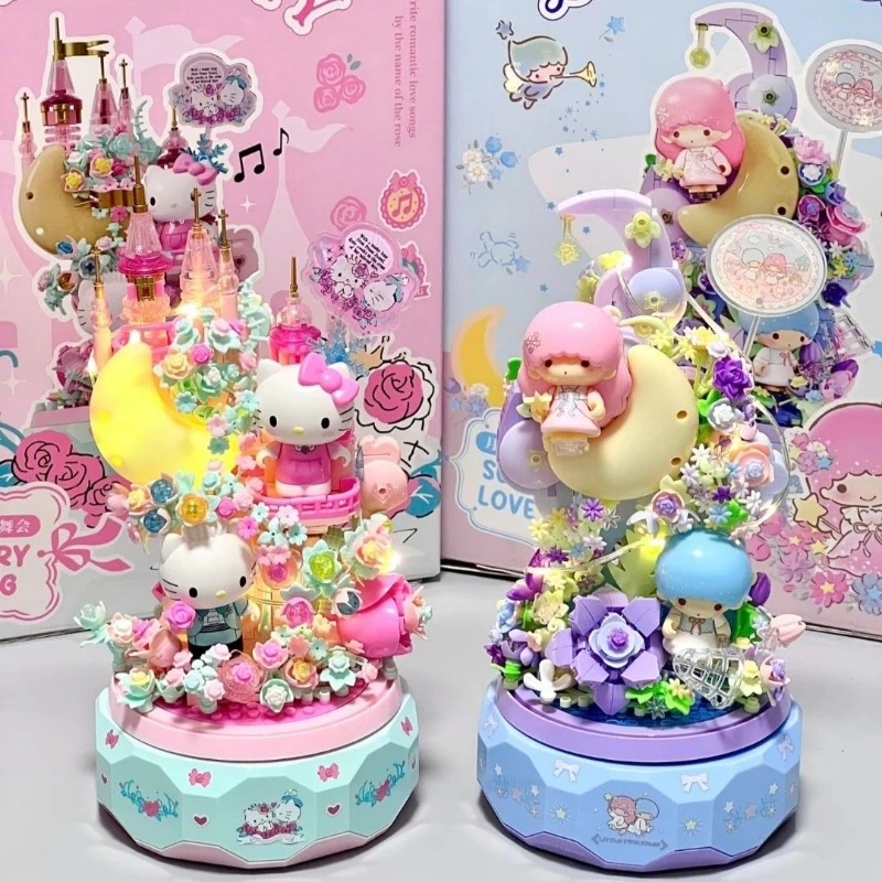 Sanrio Moonlight Society Hellokitty Little Twin Stars Caja Musical de Bloques de Construcción, Caja Sorpresa, Adornos, Juguetes, Regalos de Cumpleaños
