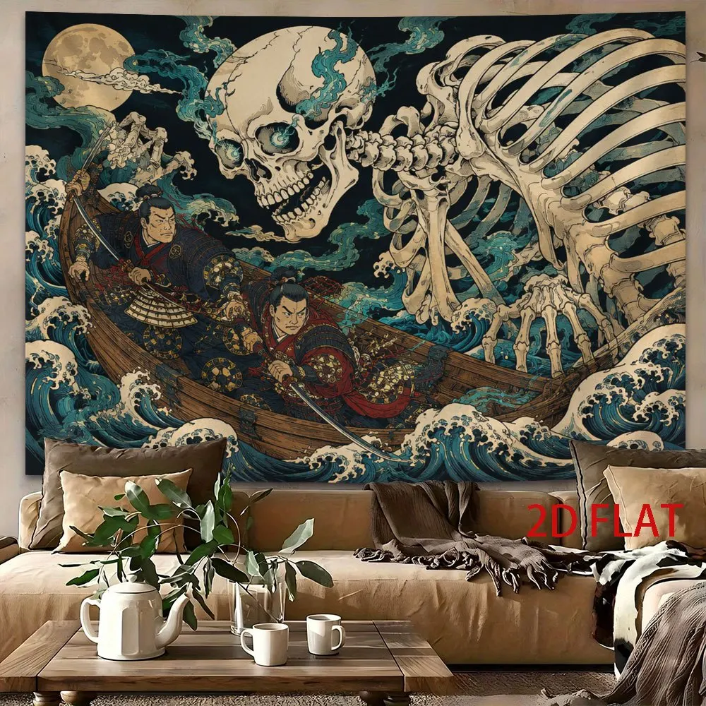 Japanese Wave Skeleton Samurai Tapestry, Classic Ukiyo-E Moon Sea Print,Retro Oriental Wall Hanging for Bedroom Dorm Decorations