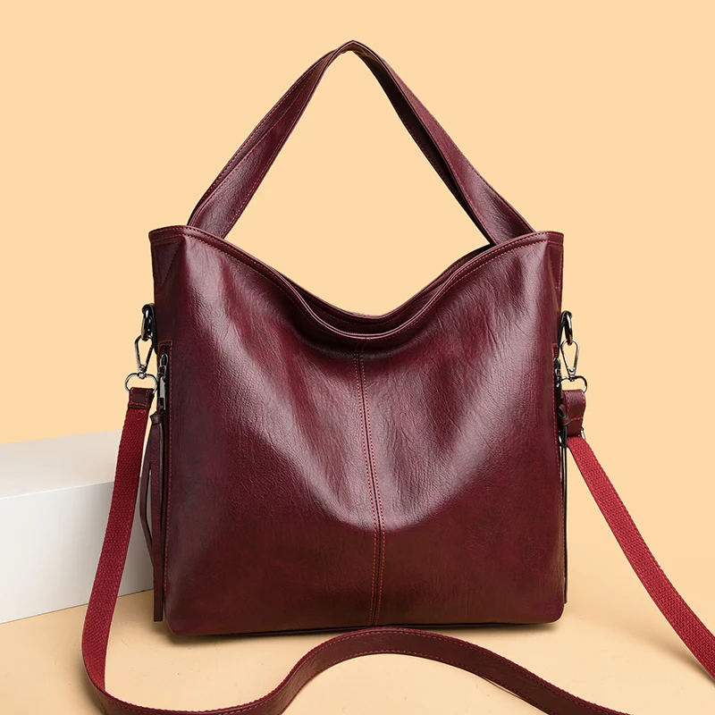 Fashion Women Soft PU Bucket Tote Bag Large Capacity Zipper Commuter Handbag Removable Strap Shoulder Crossbody Bag