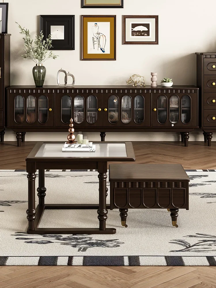 

American light luxury retro pure solid wood coffee table living room French glass tea table size apartment household